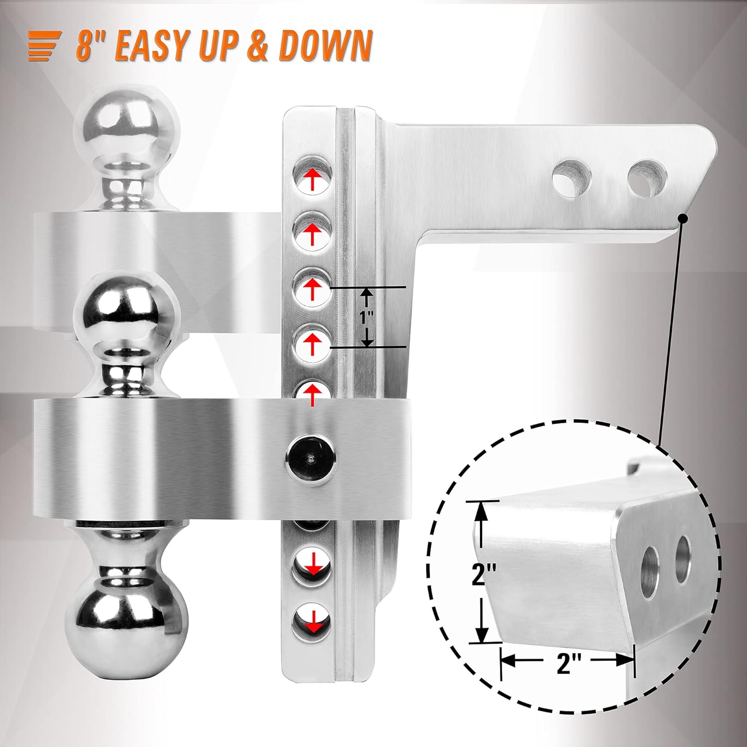TOLEAD Adjustable Trailer Hitch Ball Mount - 2 Inch Receiver Hitch, 8 Inch Drop/Rise, 2 & 2-5/16 Inch Dual Towing Balls Whith Double Pin Key Locks,12,500 lbs GTW