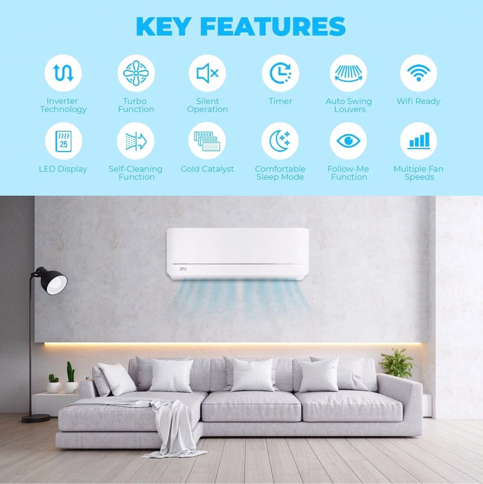 Cooper & Hunter 6000 BTU 115V Wall Mounted Mini Split Heat Pump Air Conditioner With 16ft Kit Cover 250 Sq Ft WiFi