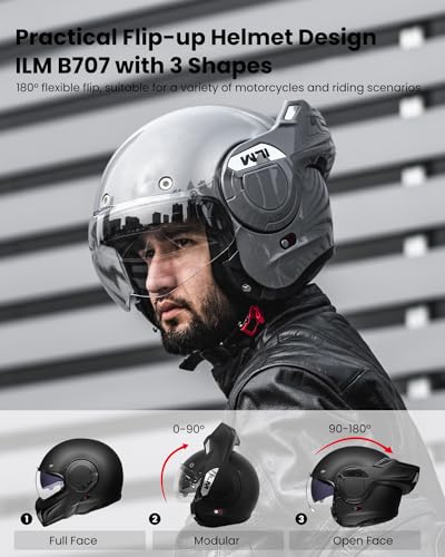 ILM Vintage Full Face Modular Motorcycle Helmet for Adults Men ATV UTV Snowmobile with 180° Reversible Chin Guard DOT Model-B707(Matte Black, L)