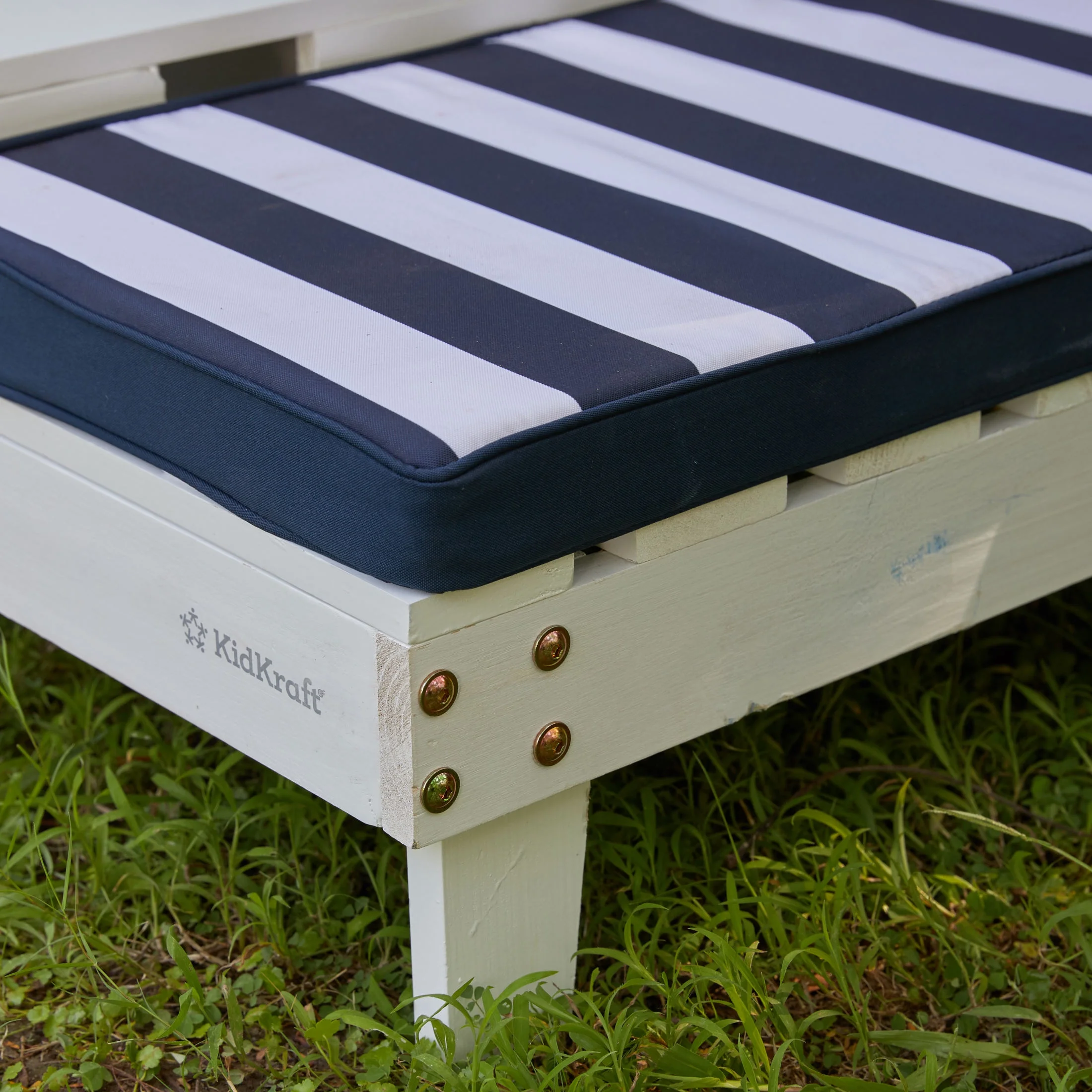 KidKraft Wooden Outdoor Double Chaise Lounge with Cup Holders, White with Navy and White Stripes