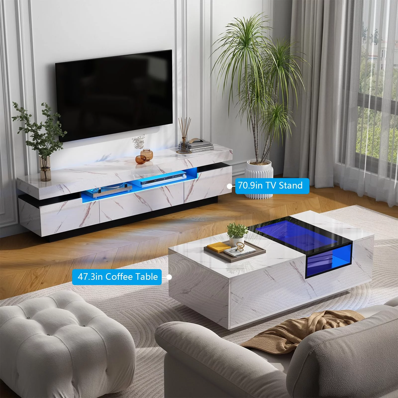 ChVans Led TV Stand for 85/80/75 inch TV, 70.9IN High Gloss Modern LED TV Stand with Storage, Entertainment Center with APP RGB Light,Television Stands for Living Room, White Marbling