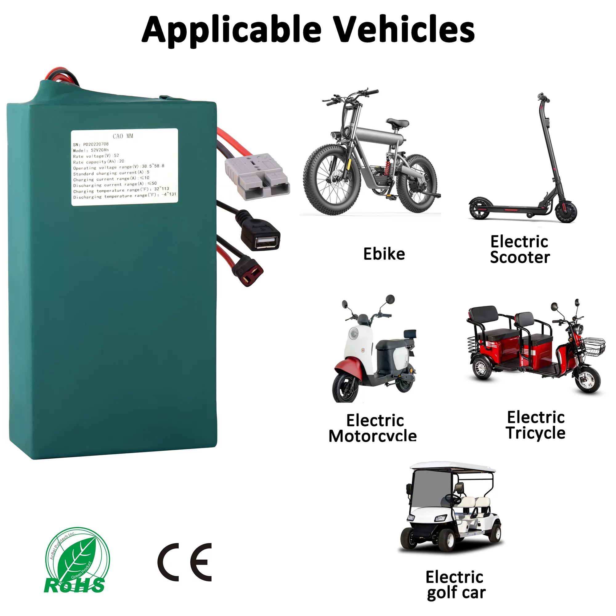Ebike Battery 52V 30Ah Lithium Battery Anderson Plug 52V Battery with 5A Charger for 2000W Electric Tricycle Motor - Curated Treasures Market