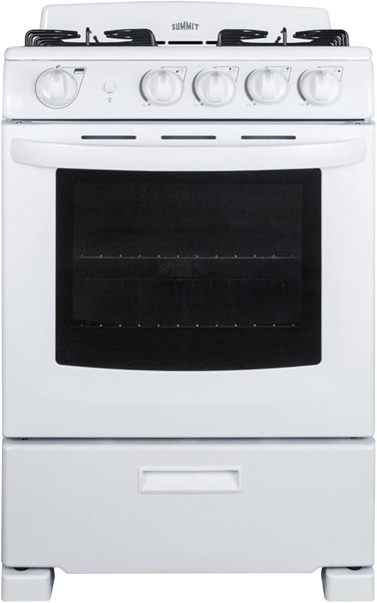 Summit RG244WS 24"" Freestanding Gas Range with 2.9 cu. ft. Oven Capacity Electronic Ignition High Backguard Broiler Drawer Continuous Grates and Safety Brake System for Oven Racks in White