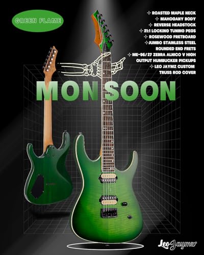 Leo Jaymz Electric Guitar Monsoon Series,Reverse Headstock,Mahogany Body,Roasted Maple Neck,Rosewood Fretboard,Locking Tuners,Rounded End Frets,AlnicoV Pickups,Fixed Bridge (Blue Flame)