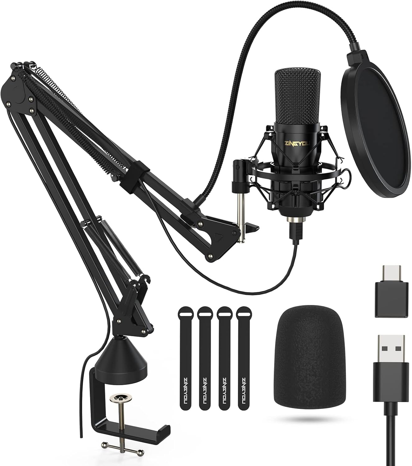 USB Condenser Microphone, ZINGYOU 96KHz/24Bit Cardioid Computer Mic Kit for PC Recording, Gaming, Live Streaming, Voice Over, YouTube, Twitch, with Upgraded Boom Arm, ZY-UA2 (Gold) Pack of 2