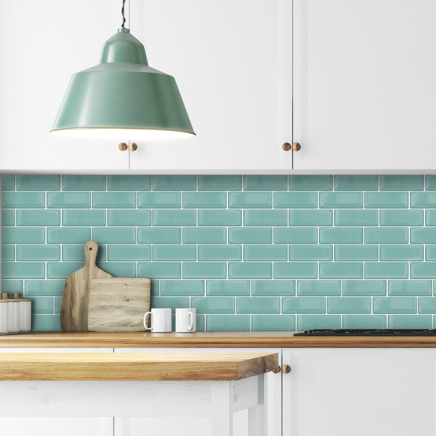 Walplus Capri Sea Glossy 3D Metro Peel and Stick Backsplash Tile Stickers (60pcs - Green)