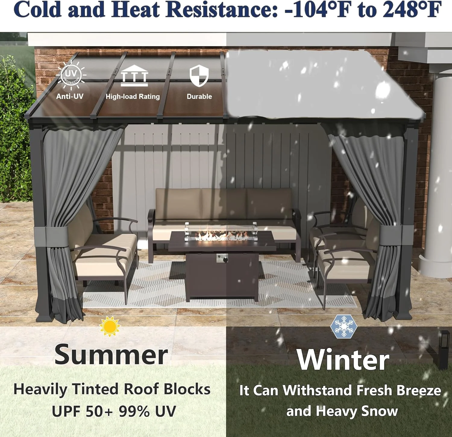 Outdoor Lean to Gazebo 10x24FT, Hardtop Wall Mounted Gazebo with Sloping Sun Panel Roof, Awnings for Patio with Metal Frame, Double Curtains for Garden, Lawn, Backyard Deck, Grey