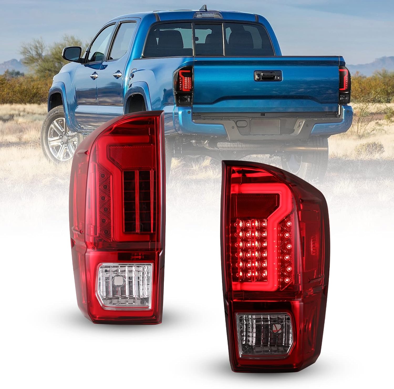 LED Tail Lights Fit for TOYOTA TACOMA 2016 2017 2018 2019 2020, Replacement Rear Brake Tail Lights Assembly with Led Turn Signal Lights, Brake / DRL, Driver & Passenger Side (Smoke Lens)