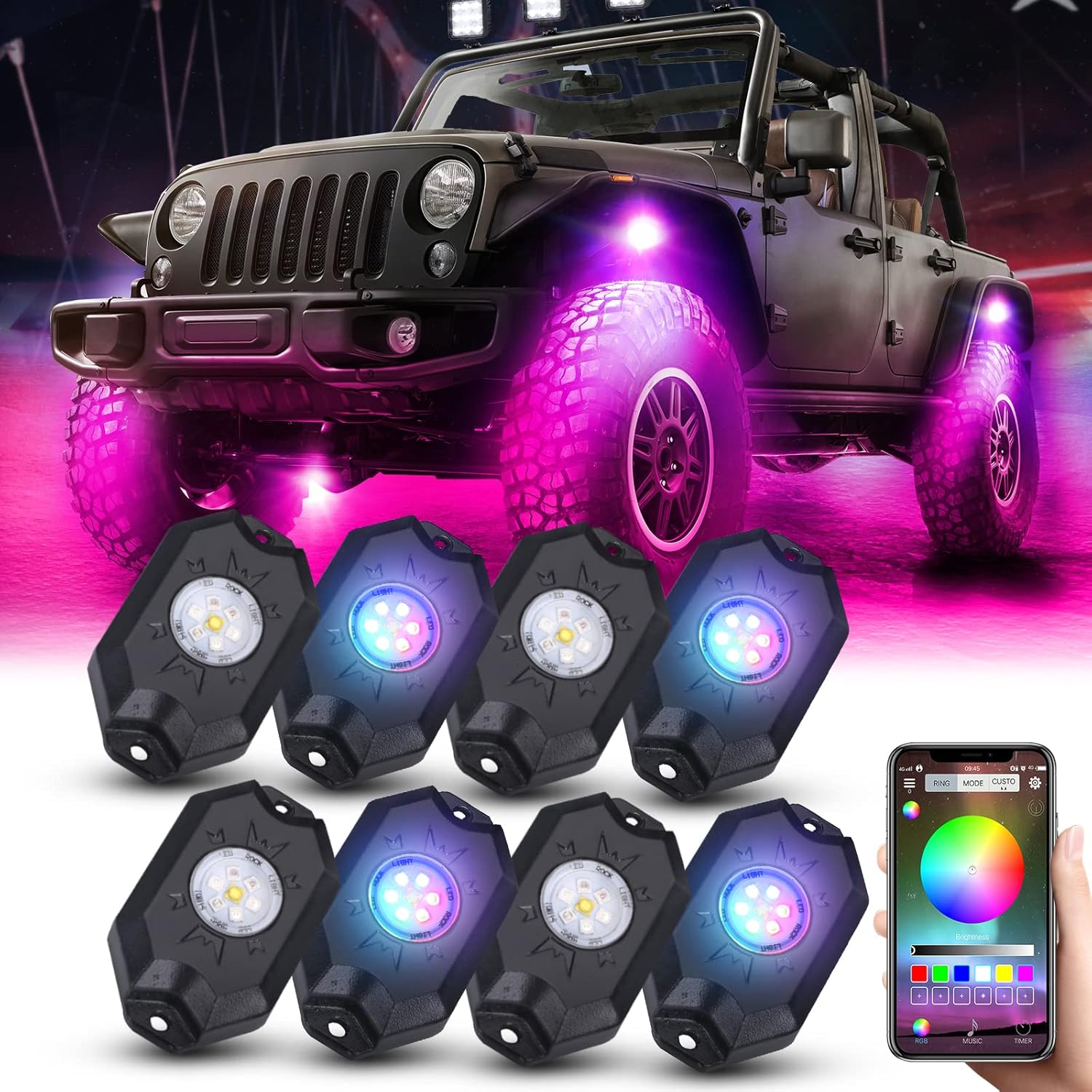AMONLY RGBW Led Rock Lights Kit, Multicolor Underglow Waterproof Neon Lights With APP Control Timing Function Flashing Music Mode Exterior Light Compatible with Jeep Off Road Car Truck ATV UTV, 4 Pods