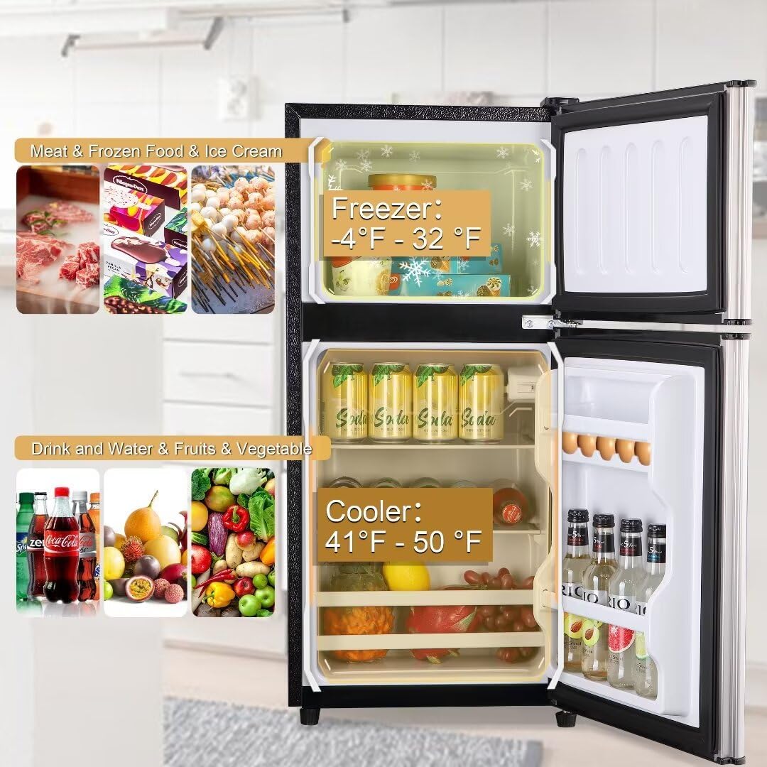 Apartment Size Refrigerator, 4.0 Cu.Ft Double Door Refrigerator with LED Lights and Adjustable Shelves, Suitable for Apartments and Offices, Silver