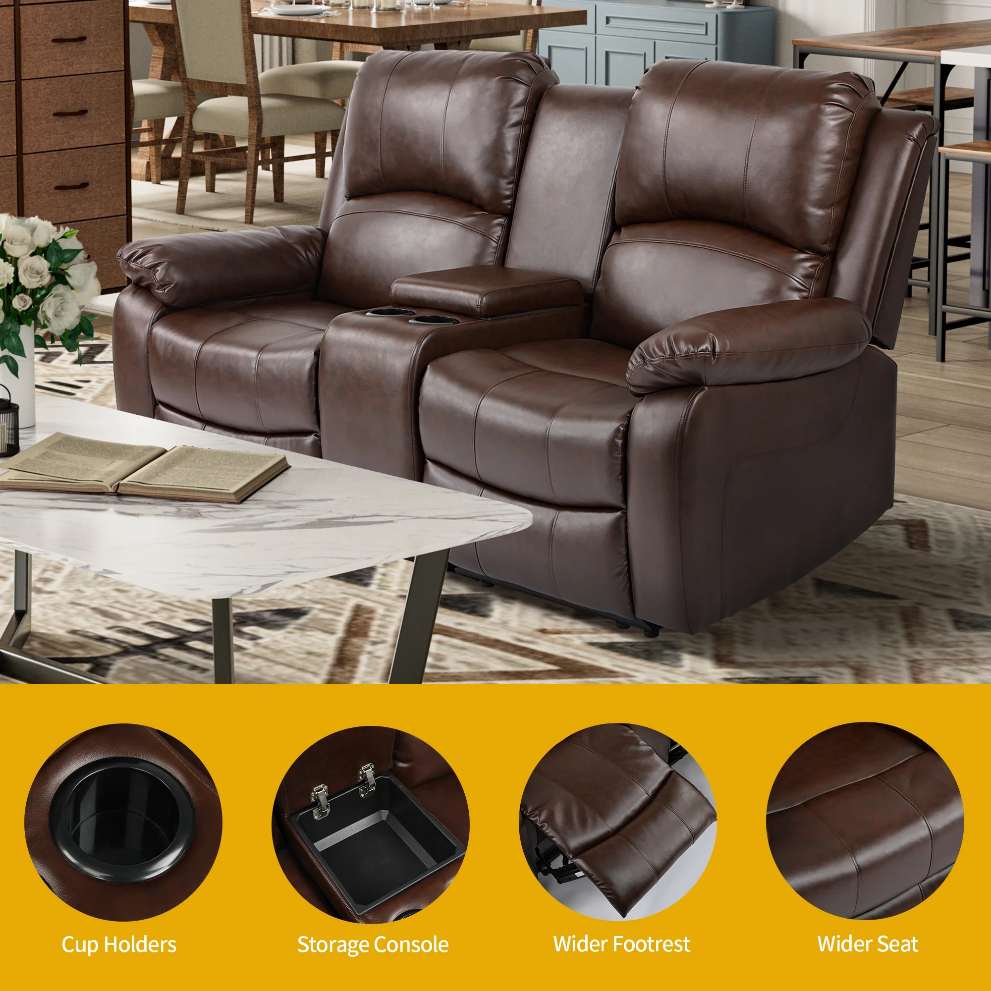 Dextrus Double Recliner Loveseat, Manual Dual Sofa Loveseat, Home Theater Seating with Built-in Storage Console, Double Recliner RV Couch with Beverage Holders and Side Storage for Living Room