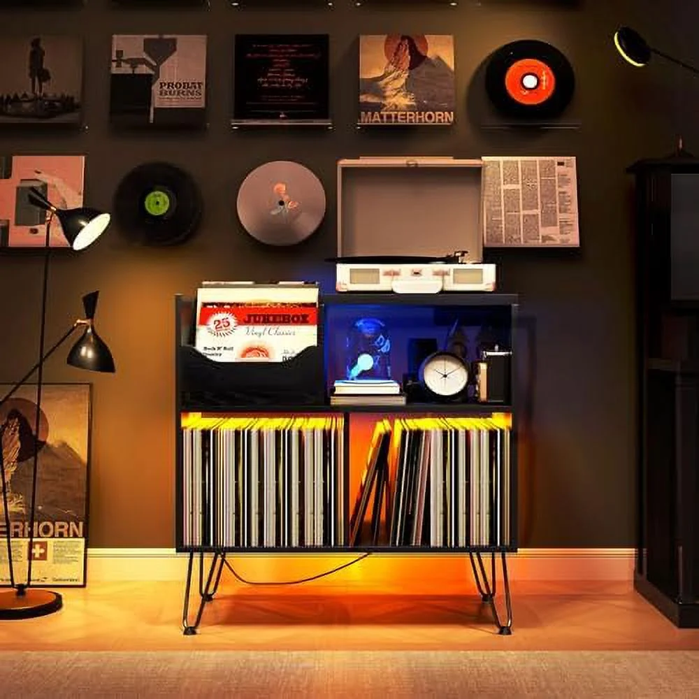 RUNFAYBIU Record Player Stand with Vibration-Isolated Turntable Design  Vinyl Record  Table with Charging Station  Mid-Century Modern Turntable Stand (Black)