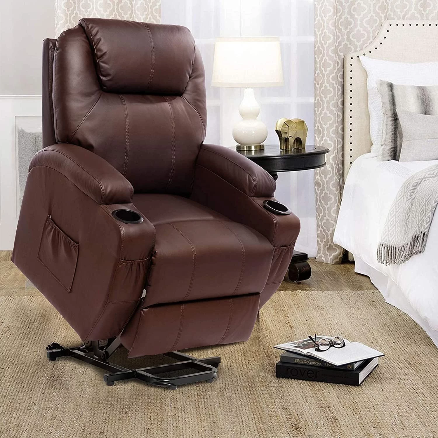 Polar Aurora Living Room Power Lift Massage Recliner Chair for Elderly PU Leather Heated Recliner Ergonomic Lounge Vibratory Massage Function with Cup Holders/Heating/Remote Control