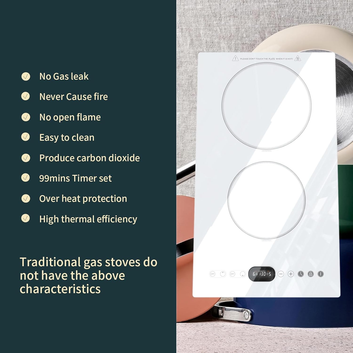 Induction Cooktop, 2 Burner White Electric Cooktop 120V Vertical White Electric Stove, 12 Inch Fast Heat Cooktop with 9 Heating Level, Kid Safety Lock, and Timer