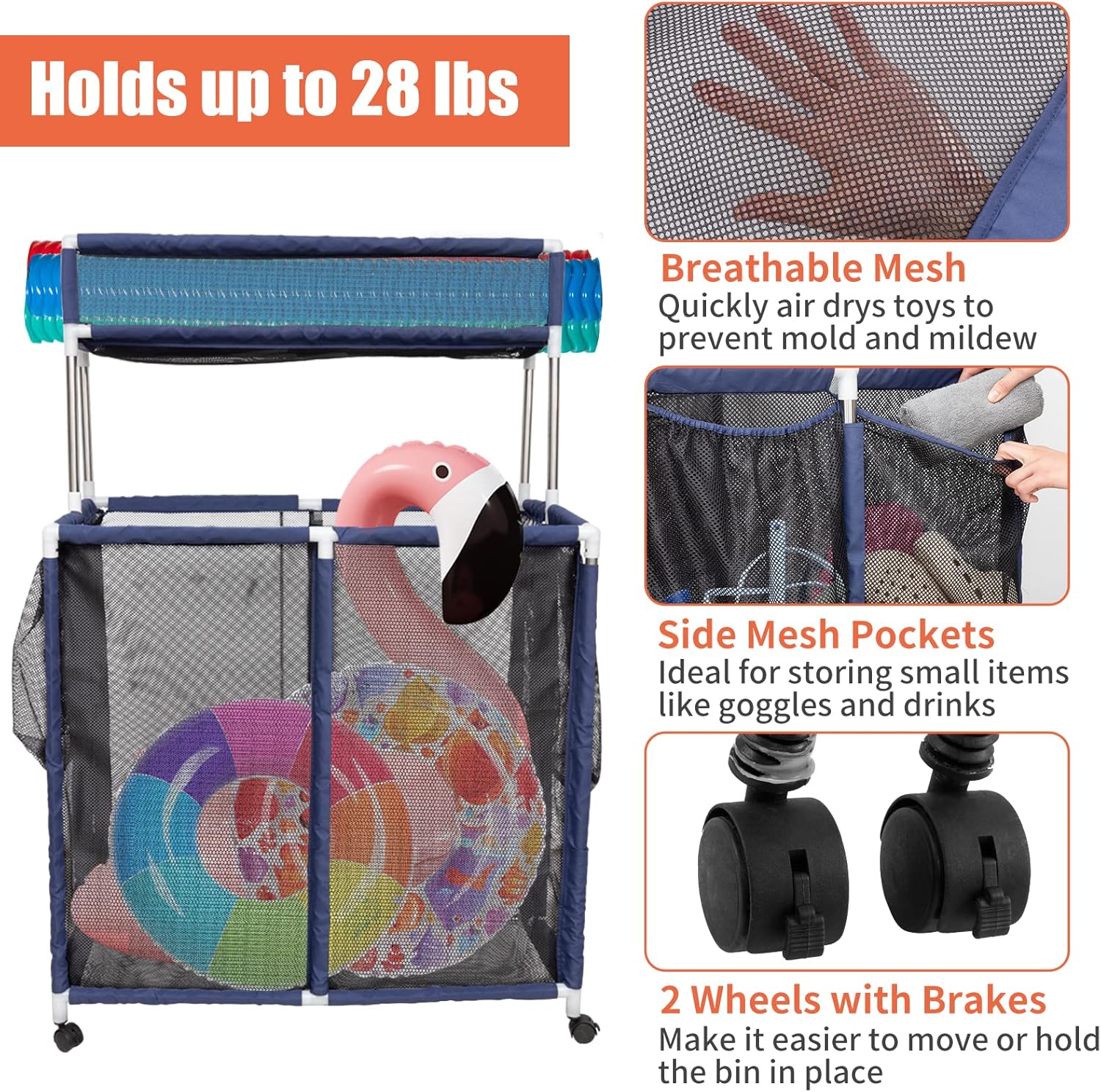 Double Tier Rolling Pool Toy Storage Cart Bin - 37"L x 25"W x 56"H Pool Storage Organizer Bin Cart with Top Shelf & Side Pockets, Pool Nylon Mesh Basket Organizer for Floats Noodles Goggle Accessories
