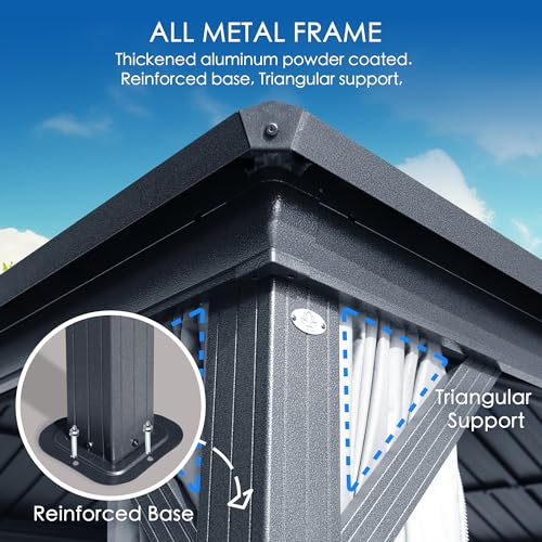 Kozyard Caesar 10'x10' Hardtop Gazebo - Permanent Metal Pavilion with Netting and Shaded Curtains for Patio, Backyard, and Deck - Galvanized Steel Outdoor Aluminum Canopy, Double Roof Gazebo (Grey)