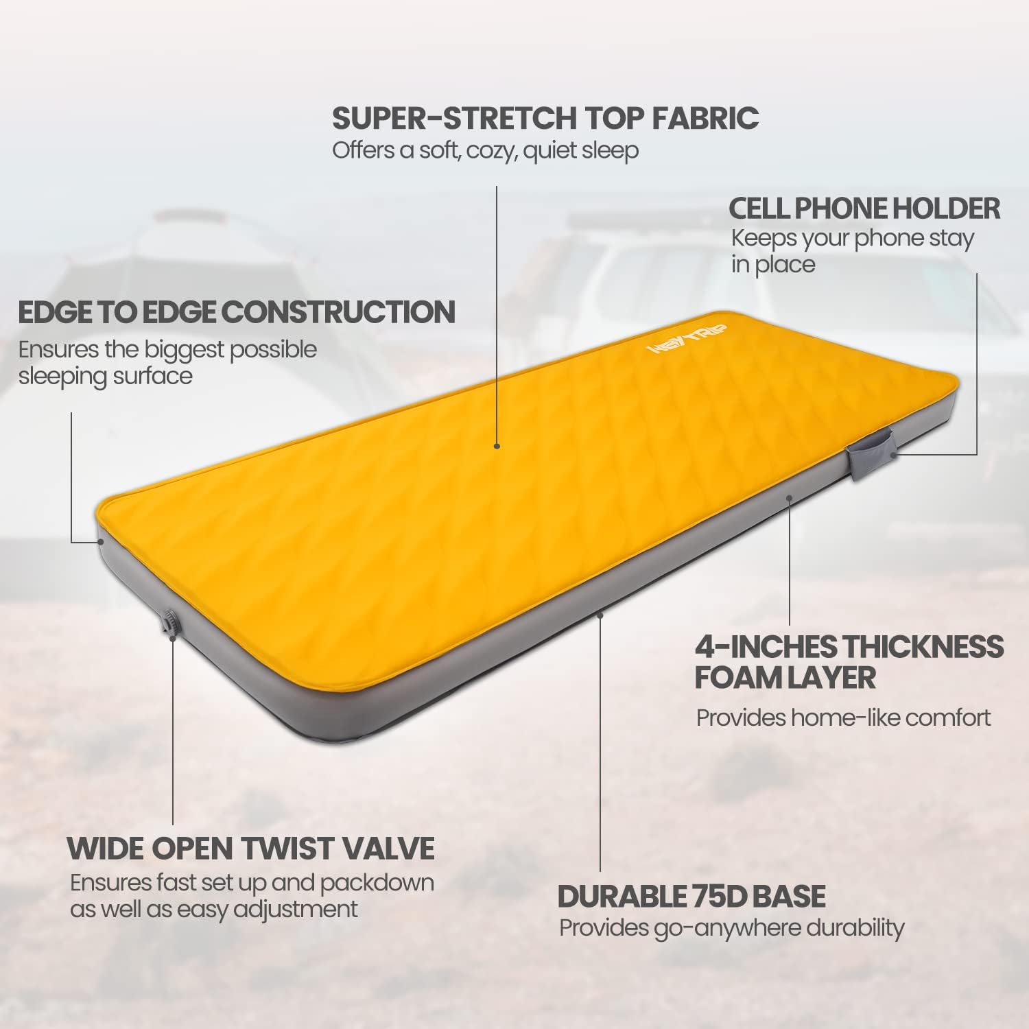 Heytrip 4 Inch Self-Inflating Foam Sleeping Pad with 9.5 R-Value, Portable Roll Up Camping Foam Mattress with Pump Sac, Perfect for Car Camping, Easy to Inflate Deflate (78'' x 30'' x 4'')