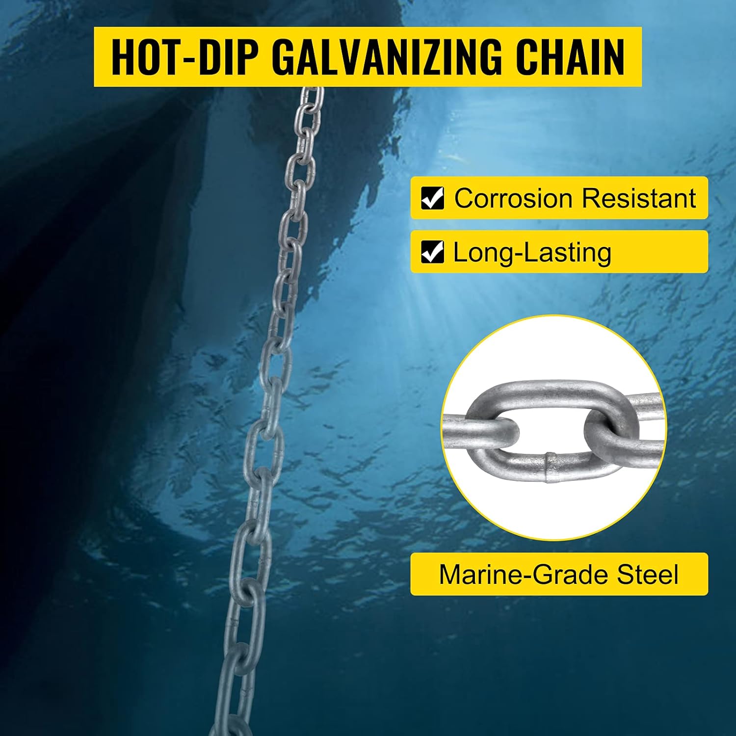 VEVOR Anchor Rode and Chain, 15' x 5/16" Boat Anchor Chain, 1/2" x 200' Nylon Rope, 2.2T Chain Tension Galvanized Steel Chain, Windlass-Grade Three Strand Twist Nylon, Anchor Chain for Boats, Ships