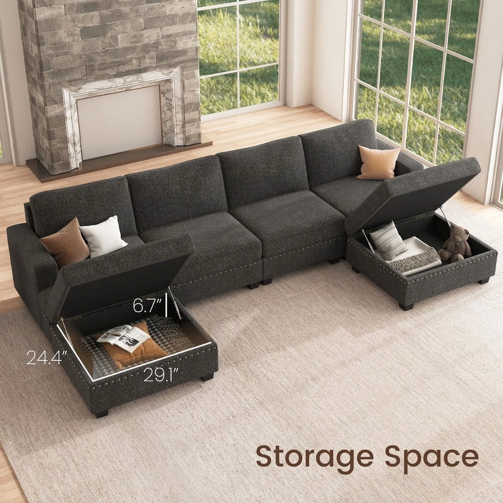 Nolany Modern U Shaped Modular Sectional Sofa with Storage Ottoman for Small Space, Dark Grey