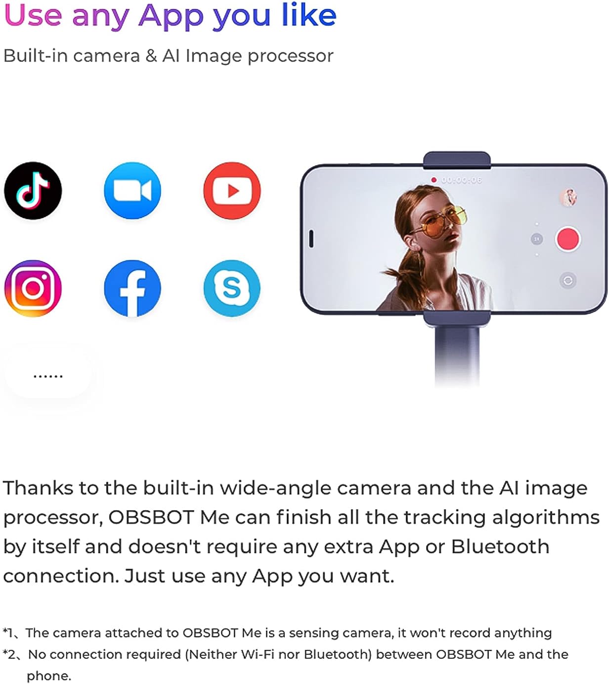 OBSBOT Me AI-Powered Tracking Tripod, AI Tracking Auto Frame & Gesture Control, 120° Wide Angle, No App Required, Auto Face Tracking Phone Holder for Selfie Vlog Skype & Face Time Calls