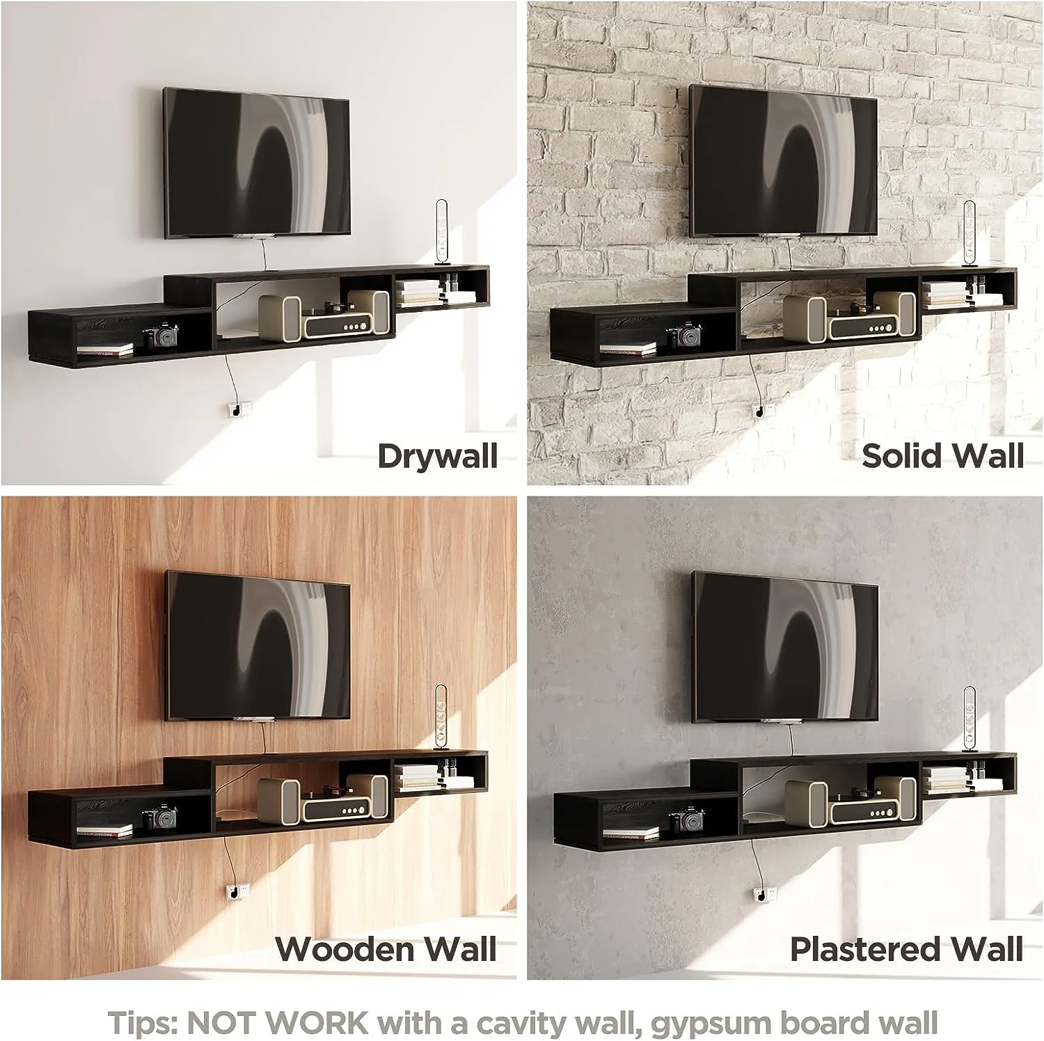 Floating TV Stand Wall Mounted with Power Outlet 59", Floating Entertainment Center, Wood Media Console Shelf for Under TV Storage for Living Room Bedroom Office, Black