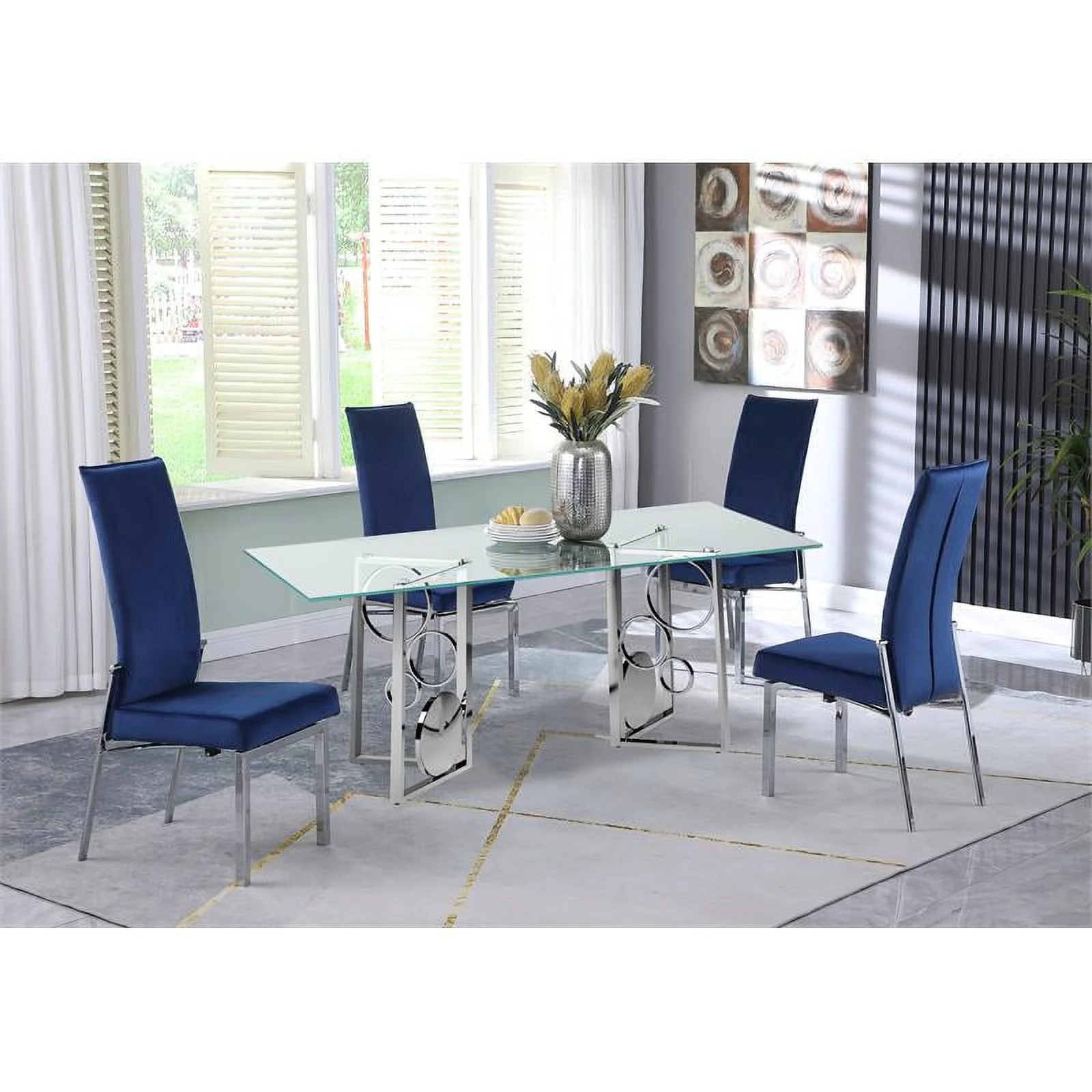 Milan Brunette Dining Set with 60" Glass Top Table & 4 Blue Motion-back Chairs