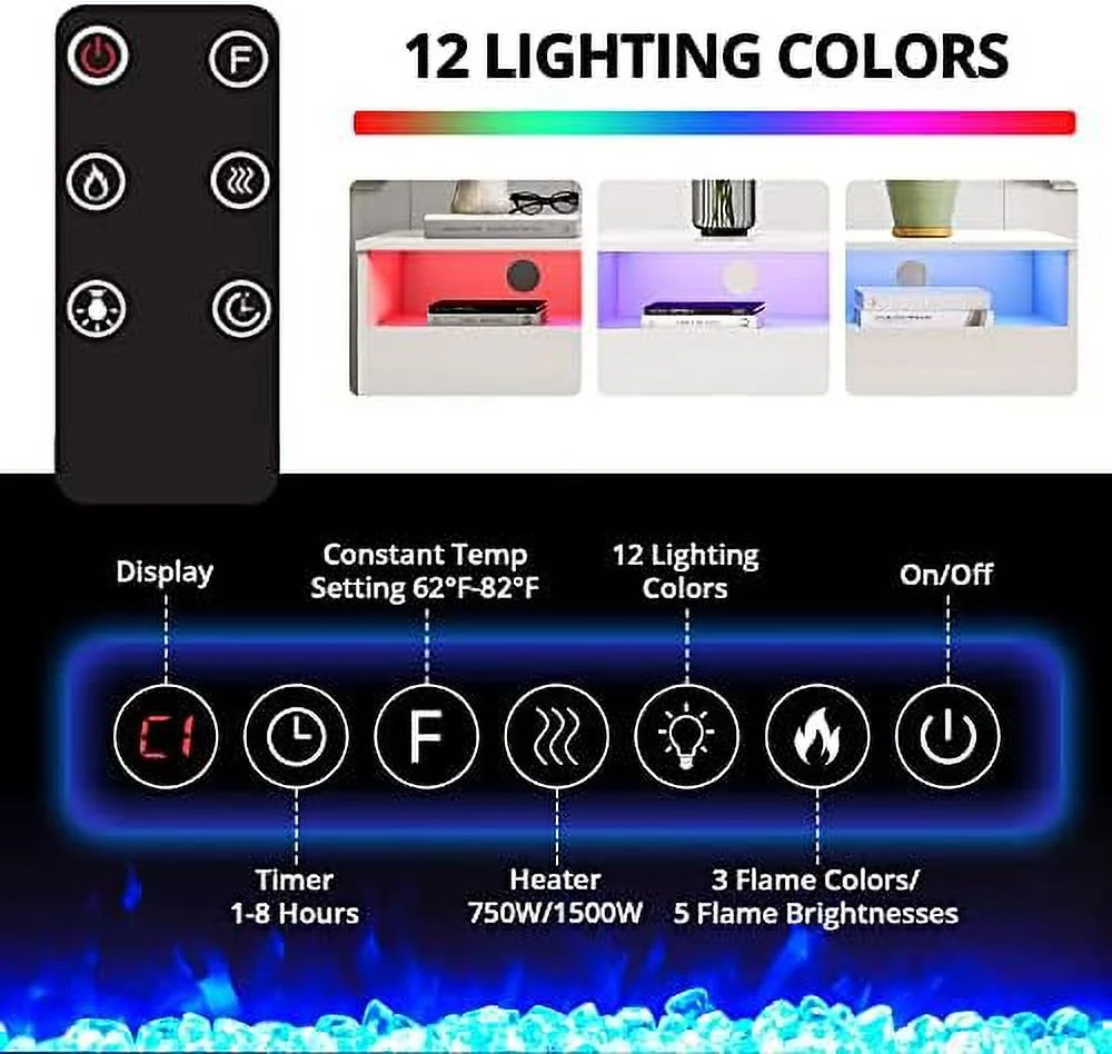 TJUNBOLIFE Fireplace TV Stand for 75 inch TV  LED TV Entertainment Center with 30" Electric Fireplace  High Gloss Modern Television Stand  White