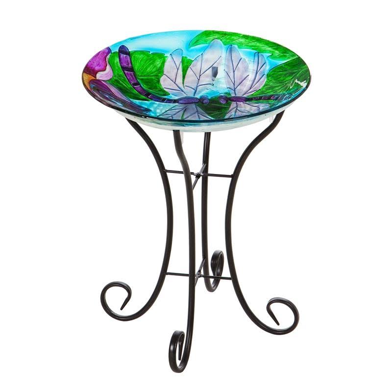 Dragonfly Duo Solar Hand Painted Embossed Glass Bird Bath with Stand