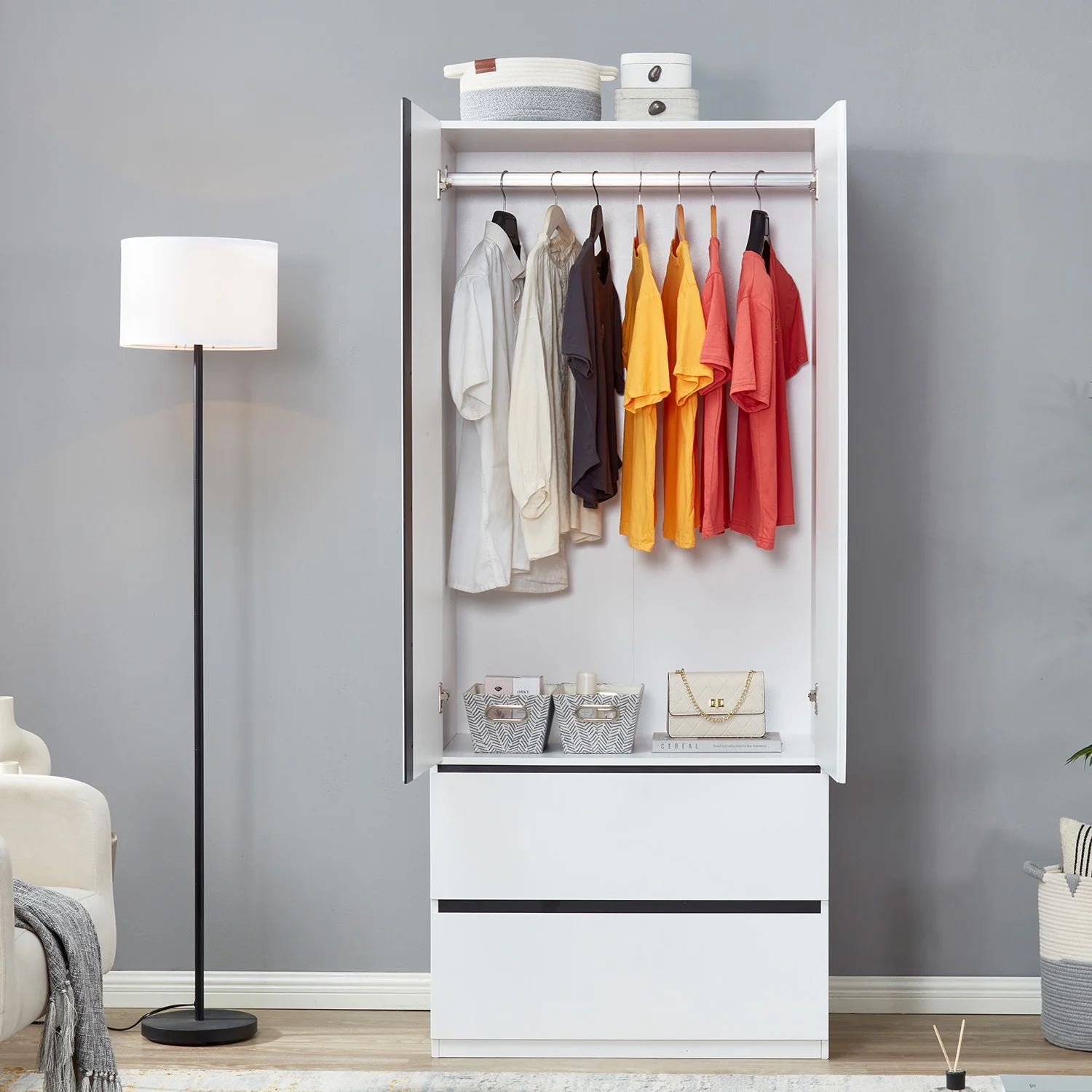 Sophshelter Wardrobe Armoire Storage Cabinet Wood: 2 Door 2 Drawers White Closet Cabinet for Large Capacity with Hanging Rod and Handles Armoire Storage Cabinet - Curated Treasures Market