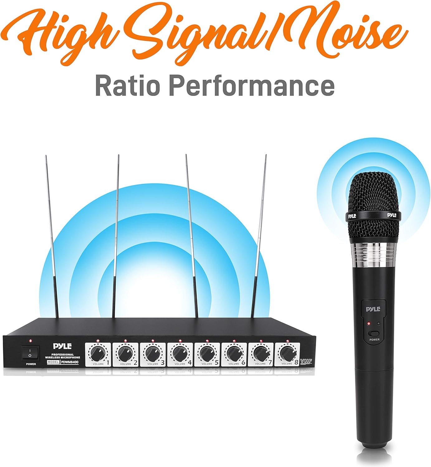 Pyle VHF Wireless System-Rack Mountable 8 Channel Cordless Set w/ 8 Handheld Microphones, Mixed 1/4" Outputs-DJ, Karaoke, Conference Speaker-Pyle PDWM8400