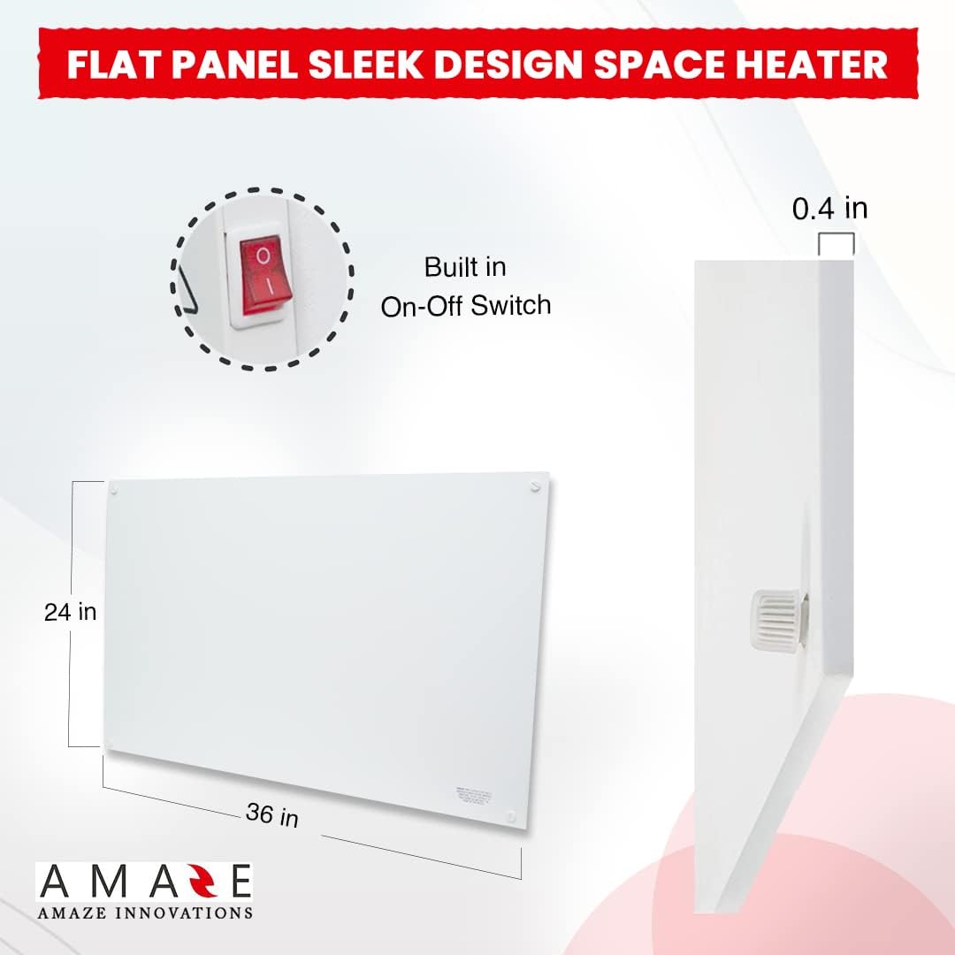 Amaze Heater Maxi 600W Convection Wall Mount Space Heater Panel - Ideal for 200 Sq Ft Room - 600Watts/120V Electric Heater - AH600USMX