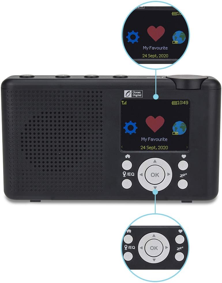 Ocean Digital WR-23D Portable FM Internet Radio 2.4” Color LCD Built-in Battery Wi-Fi Bluetooth UPnP & DLNA Player (Black) Pack of 2