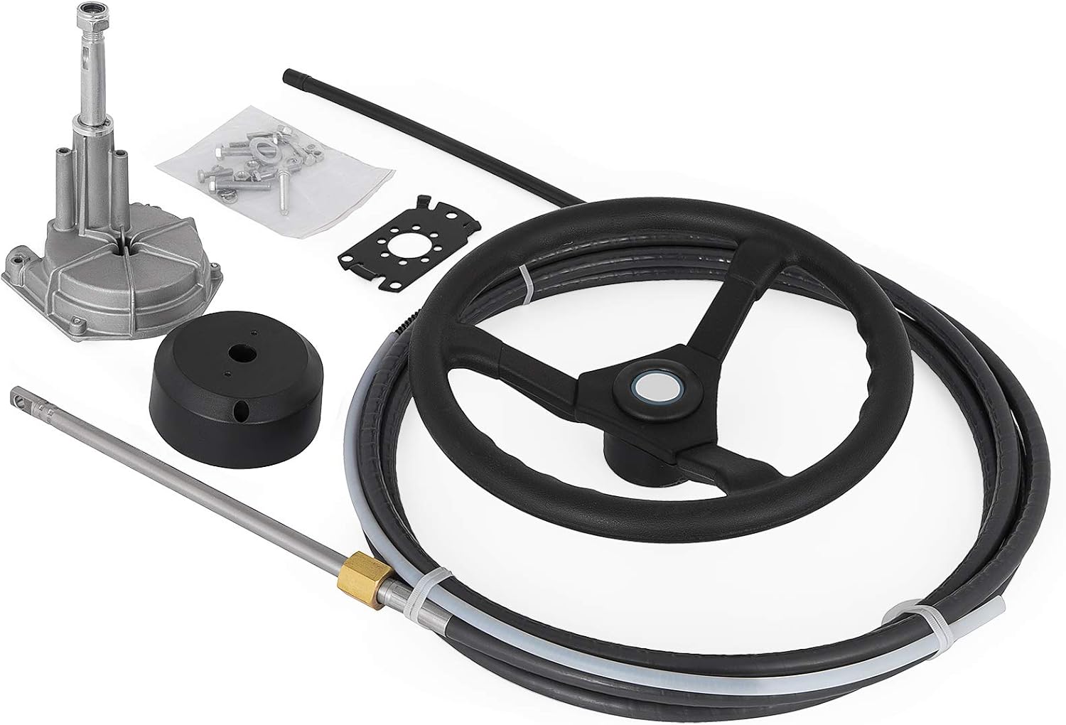 Bestauto Boat Steering Cable 12' Outboard Steering Cable 12 Feet Mechanical Rotary Steering Kit with 13 Inch Wheel for Boat Steering System