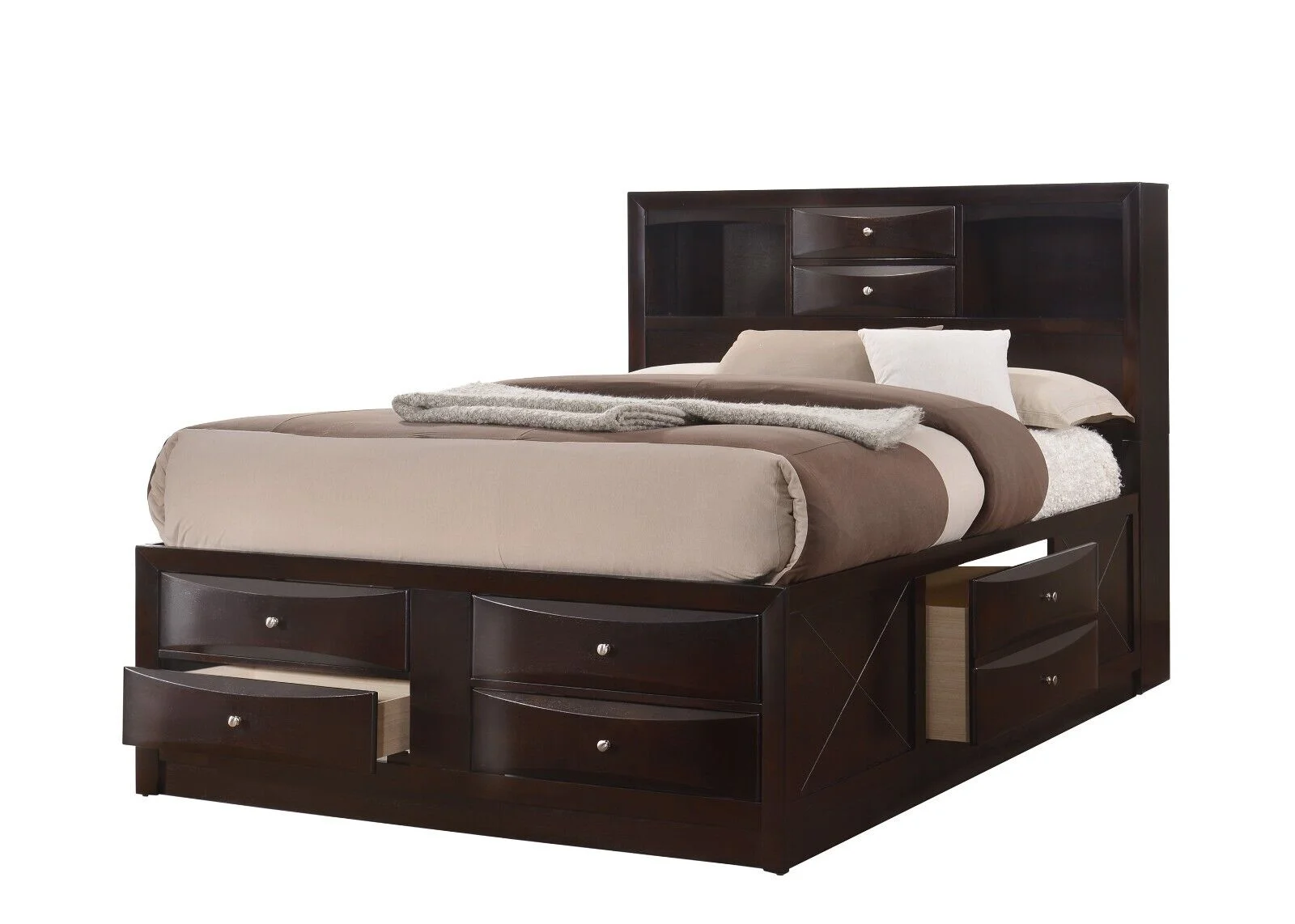 Contemporary Queen Size 3pc Bedroom Set Storage Bed Chest Nightstand Brown Cherry Finish Solid Wood Furniture