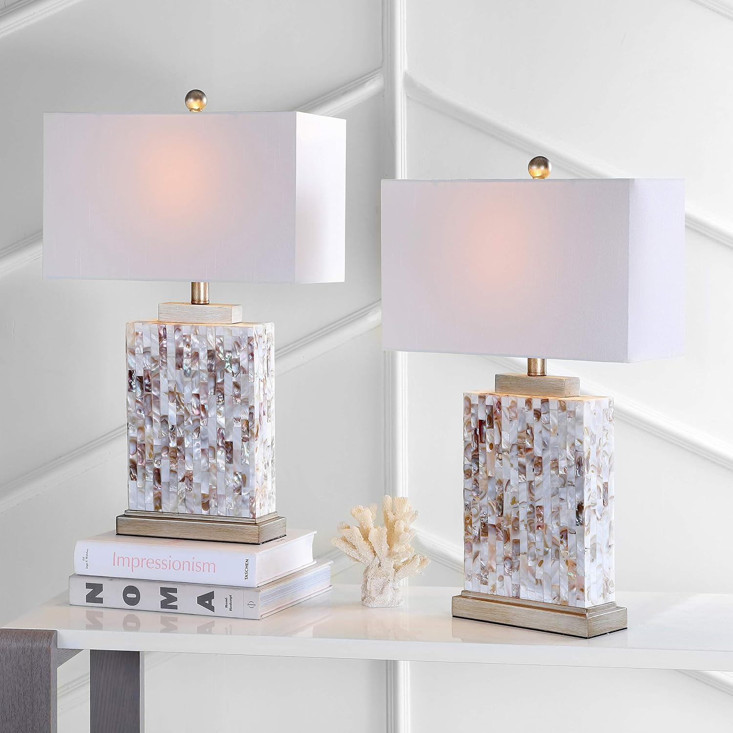 Safavieh Lighting Collection Tory Nautical Ivory Shell 25-inch Bedroom Living Room Home Office Desk Nightstand Table Lamp (Set of 2) - LED Bulbs Included