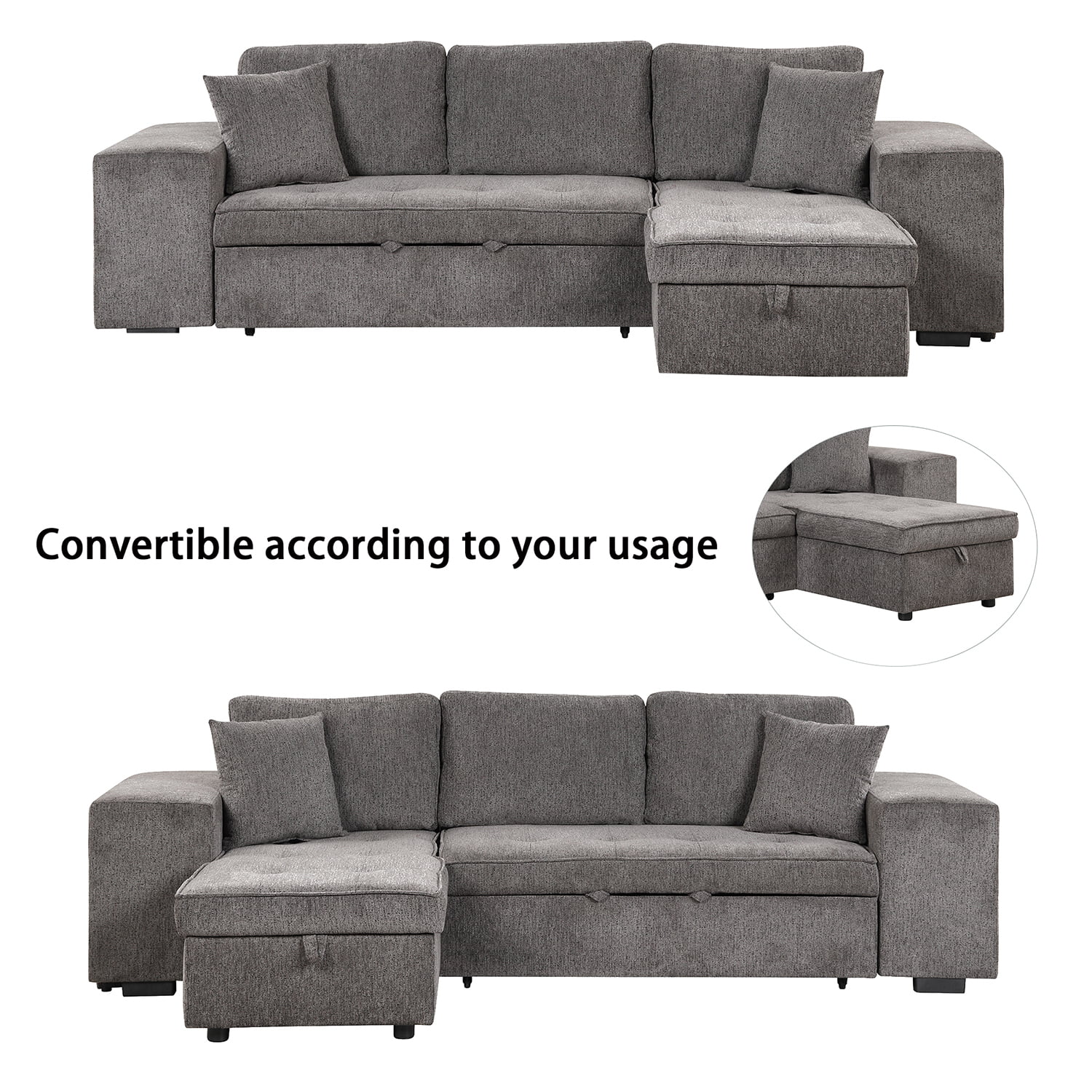 Churanty 104" Reversible Sectional Couch with Pull Out Bed,L Shape 3 Seat Sleeper Sofa with Storage Chaise and 2 Stools for Living Room,Knox Charcoal