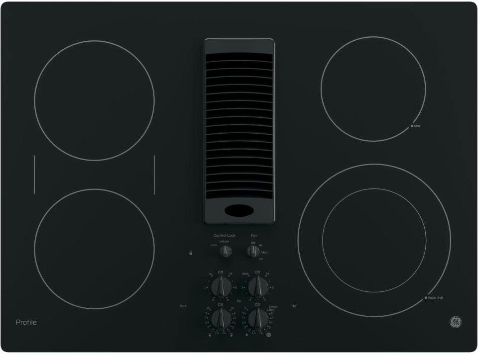 GE PP9830DJBB Profile Series Electric Cooktop with 4 Burners and 3-Speed Downdraft Exhaust System, 30", Black
