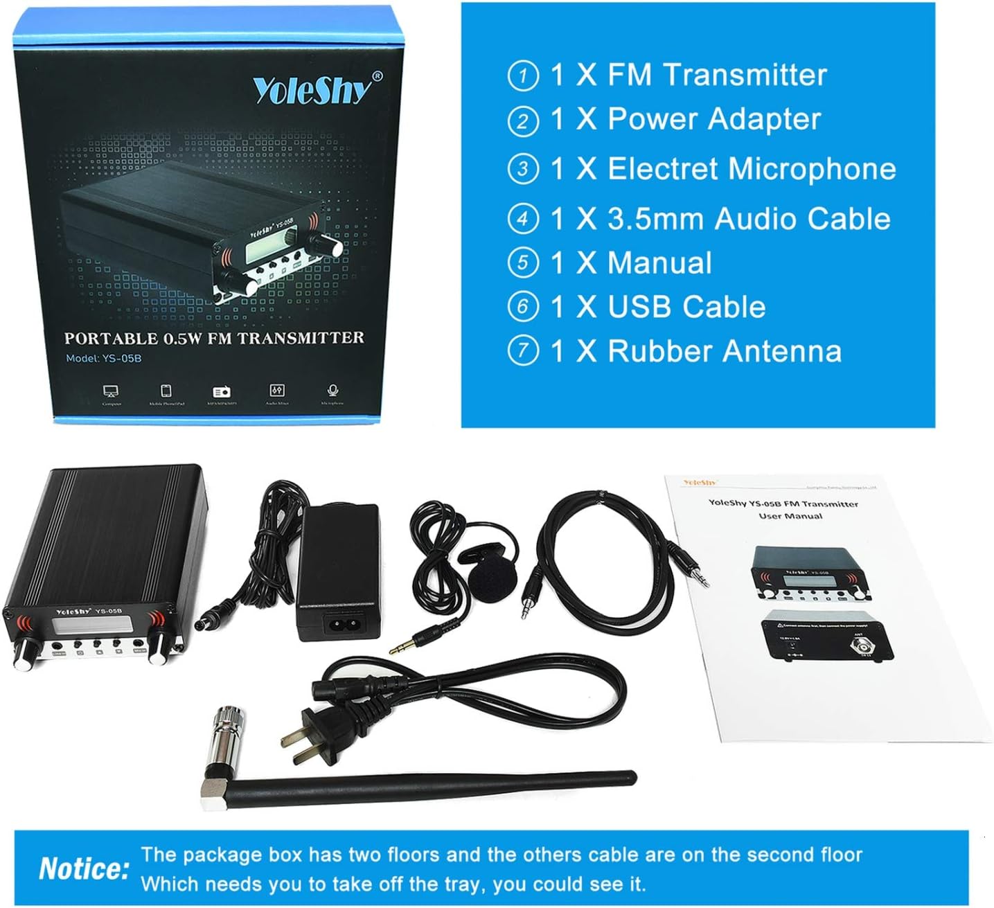 YoleShy 0.5W YS-05B FM Transmitter for Church Parking Lot, Digital LCD FM Broadcast Transmitter, Long Range Mini Radio Stereo Station with Antenna, Microphone, 87.5-108MHz, FCC Part15 Certified, Black