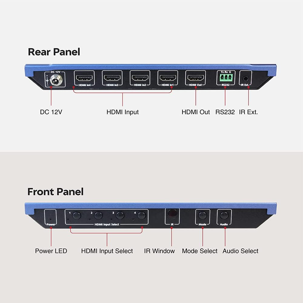 AV Access 4x1 4K HDMI Multiviewer Switch Screen Divider 4 HDMI Screen Splitter with Seamless Switching, 4K/1080p HDMI Out, Split Screen, 3 Way Control, IR Extension Remote + RS232 Control