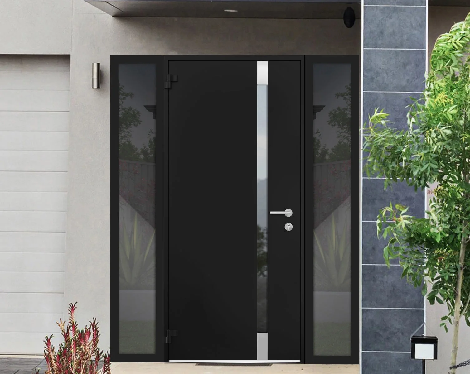 Front Exterior Prehung Steel Door / Cynex 6777 Black / 2 Side Exterior Windows / Stainless Inserts Single Modern Painted-W16+36+16" x H80"-Right-hand Inswing