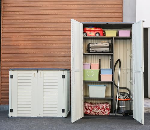 KINYING Horizontal Outdoor Storage Shed,47 Cu.ft Resin Outdoor Storage Cabinet Waterproof for Garden/Patio/Backyards