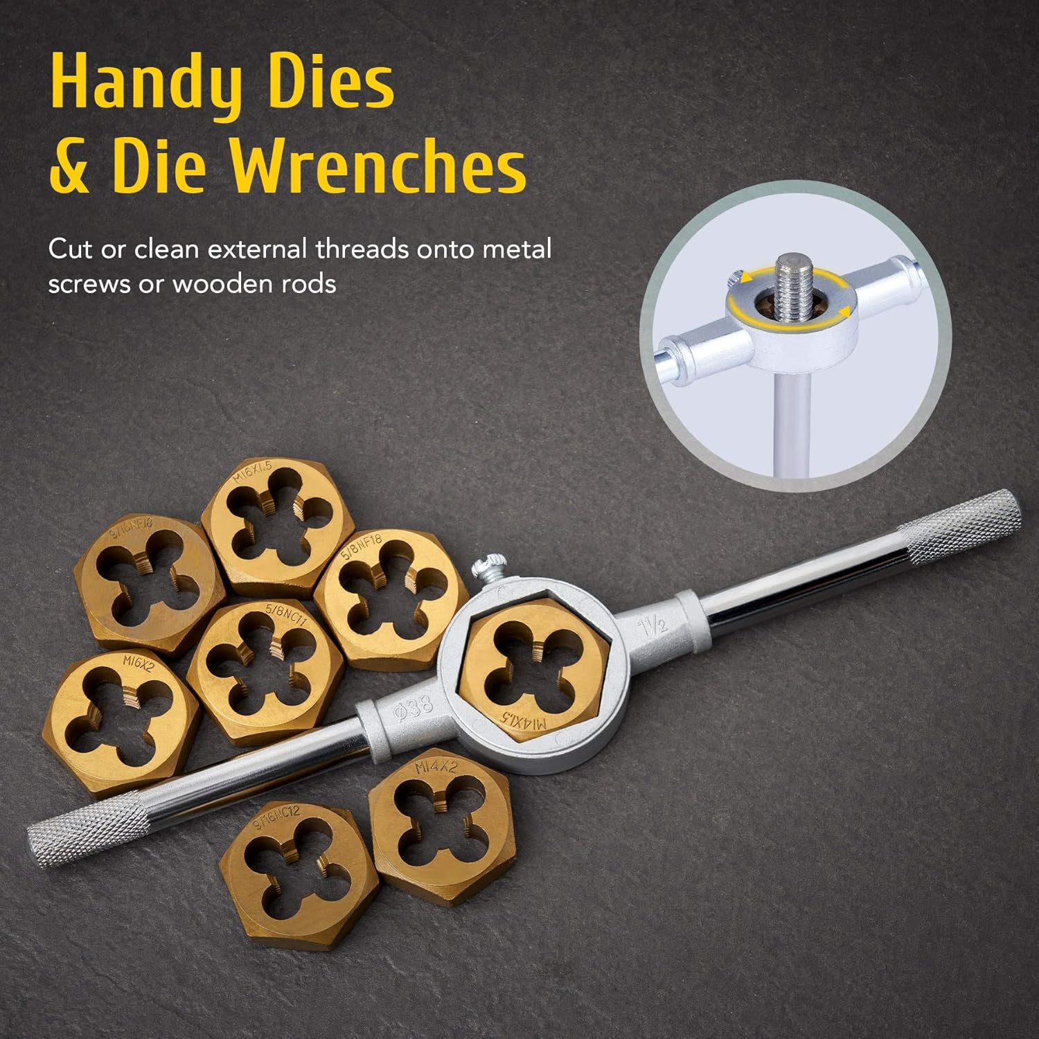 ORION MOTOR TECH 86pc Tap and Hex Die Set in SAE and Metric | Titanium Coated Steel Tap Set and Die Tool Set for Homeowners Mechanics Metric Standard Internal External Threading(Iron Case)