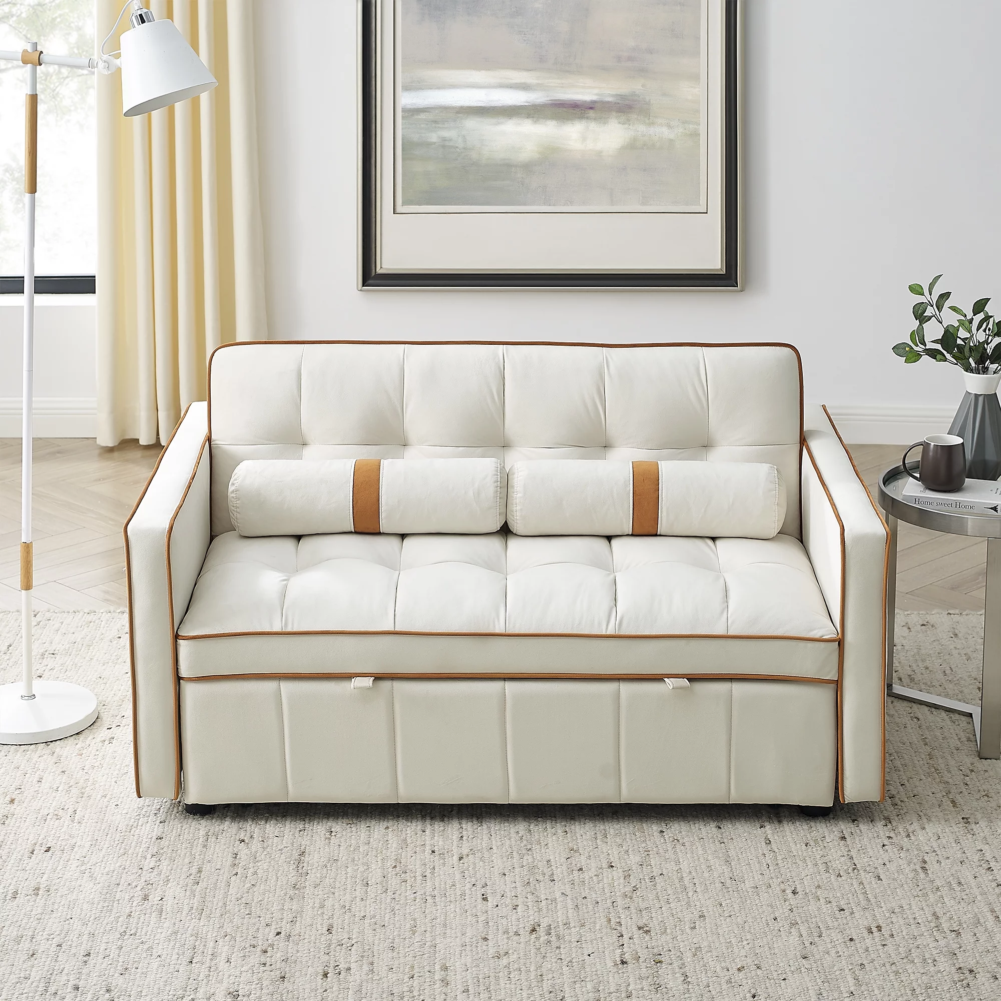 Ufurpie 55.5" Pull-Out Velvet Sofa Bed,Sleeper Sofa with Adjustable Backrest and Lumbar Pillows,2 Seater Loveseats Sofa Couch,for Living Room,Bedroom,Apartment,White