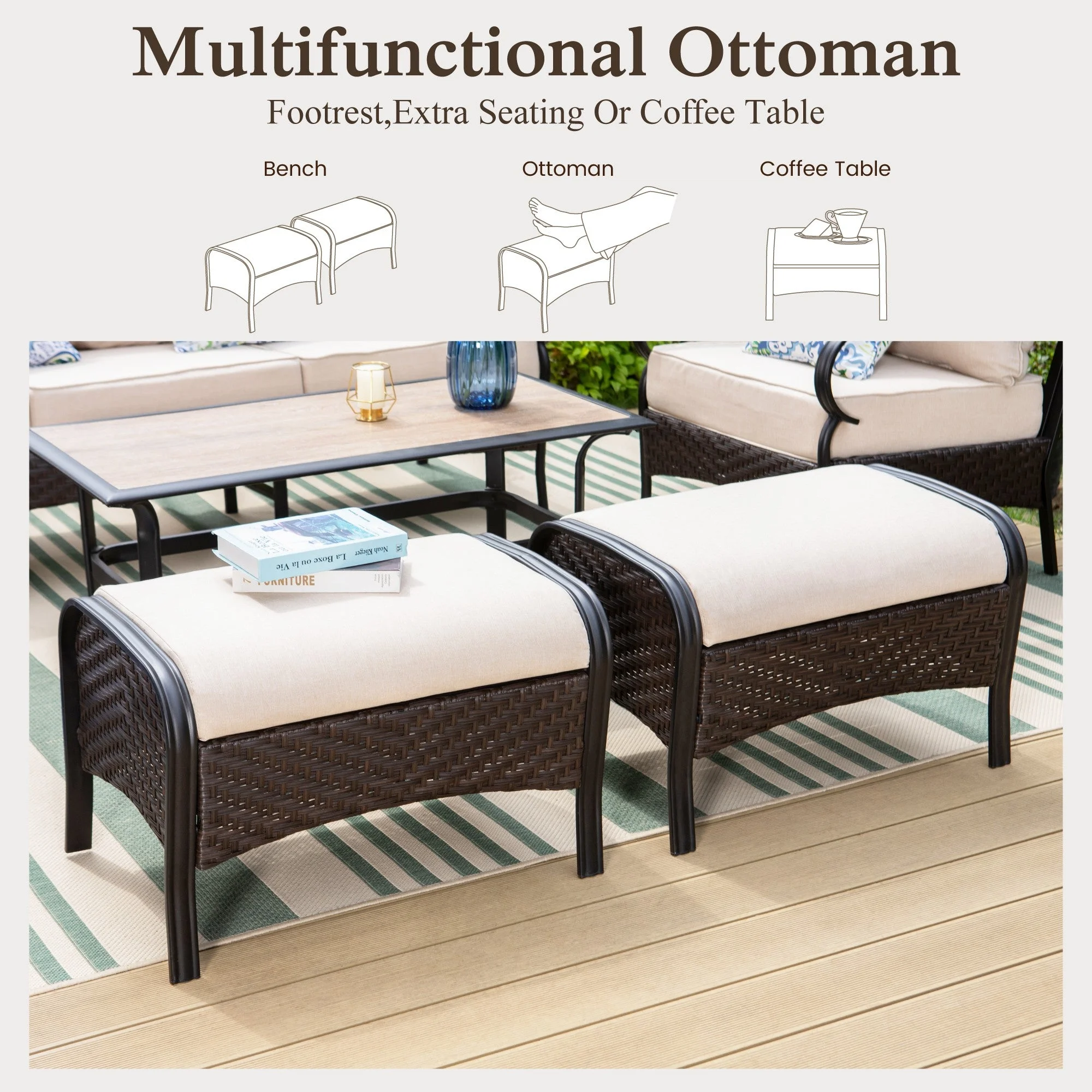 Alpha Joy 4 Piece Metal Patio Conversation Sofa Set 5-Seat Furniture Set with Swivel Chairs
