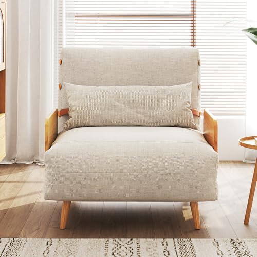 3-in-1 Convertible Chair Bed Sleeper for Adults, Linen Convertable Sleeper Chair with Wooden Arms & Pillows, Foldable Single Futon Sofa Bed (Mid Century with Walnut Arm, 36.6" Wide)