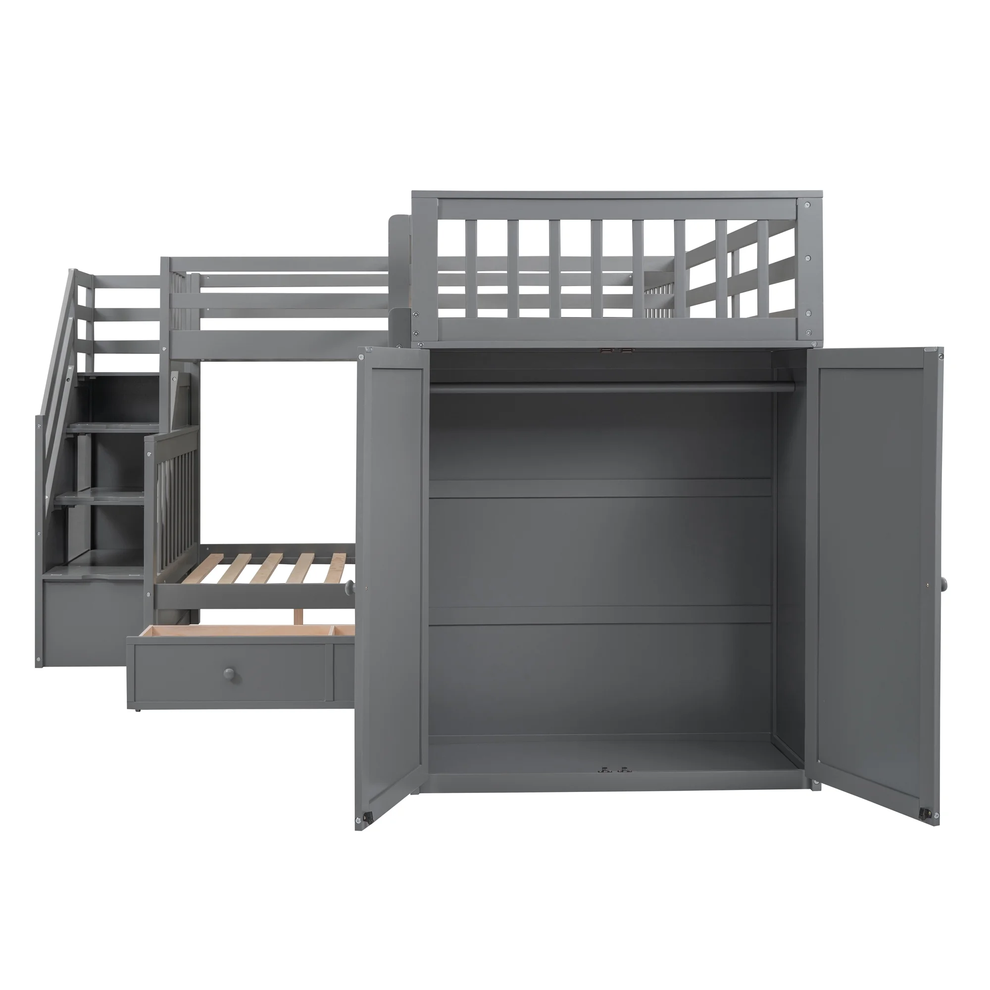 Churanty Twin-Twin Over Full L-Shaped Bunk Bed with Wardrobe Space,Solid Wood Staircase Bunk Bed with Portable Desk,Gray