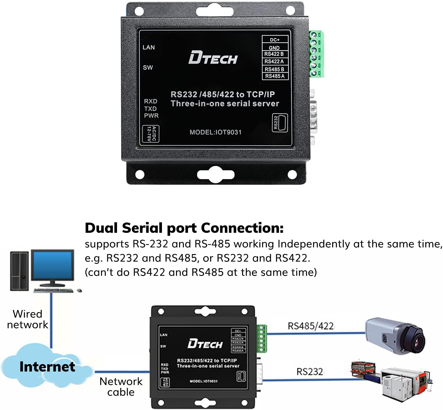 DTECH Serial to Ethernet Converter Adapter RS232 RS422 RS485 to TCP IP Device Server Supports DHCP DNS Modbus RTU/TCP 10/100M Power Over Ethernet POE Pack of 2