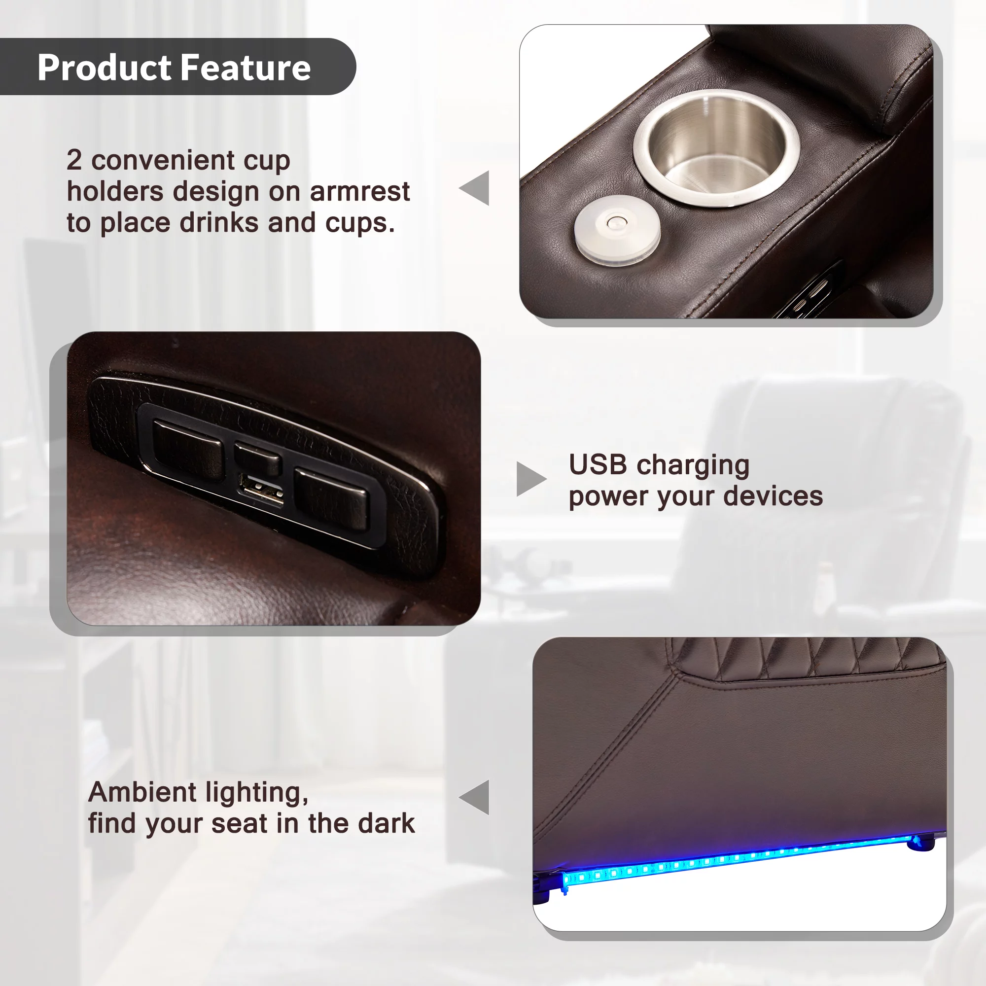 Power Motion Recliner with Cup Holders Ambient Lighting, USB Charge Port, 360 Swivel Tray Table, Hand in-Arm Storage, Gaming Recliner Chair