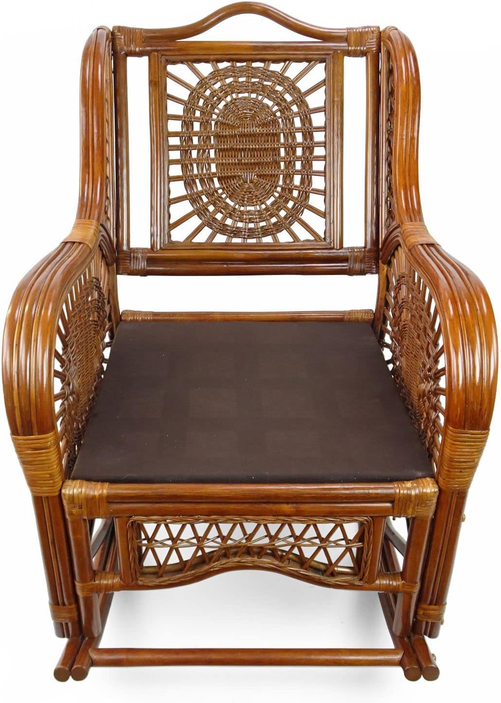 Wickerix Malibu Handmade Natural Rattan Living Room Set of 2 Rocking Lounge Chairs with Dark Brown Cushions and Round Coffee Table with Glass Colonial (Light Brown Color)