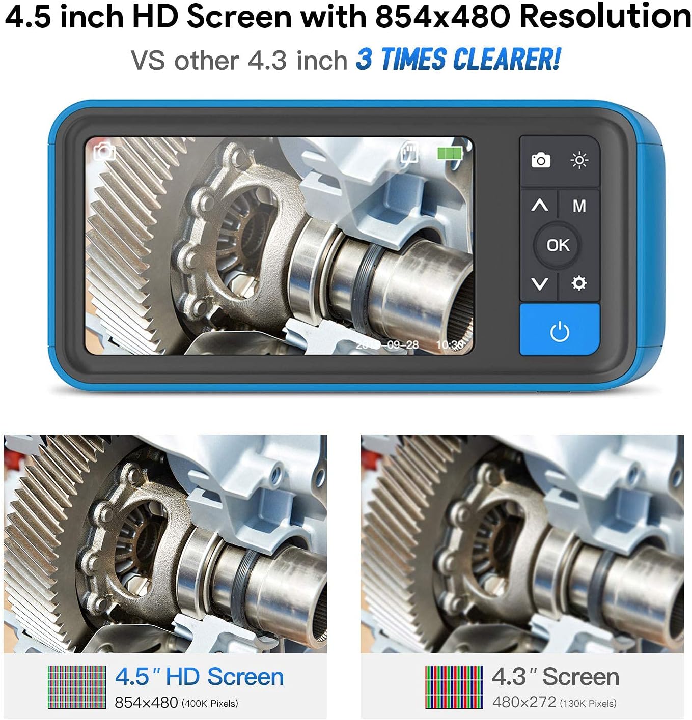 ScopeAround Endoscope 1080P HD Digital Borescope Camera Waterproof 4.5 Inch IPS Screen Snake Video Inspection Camera with 2x Len and 6 LED Lights, Semi-Rigid Cable, 32GB TF Card and Tool Bag (16.5FT)